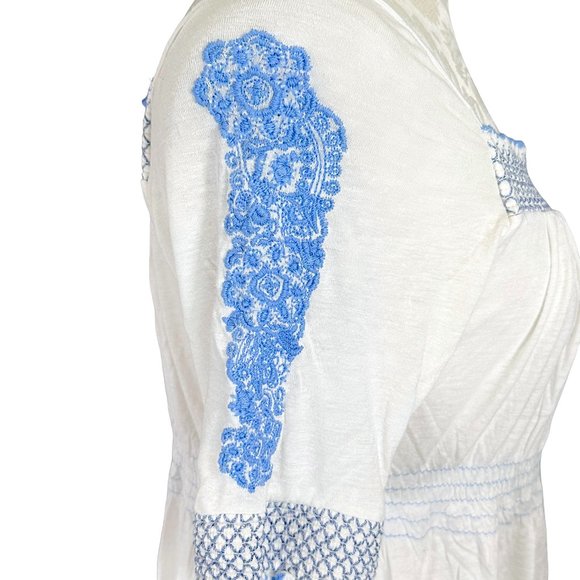 Free People Embroidered Elastic Ruched Peasant Top Blue/White Women's Medium - Picture 5 of 14